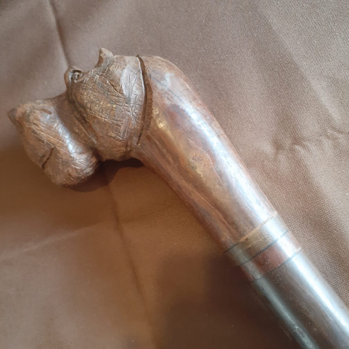 Carved hippo head walking stick - different african woods