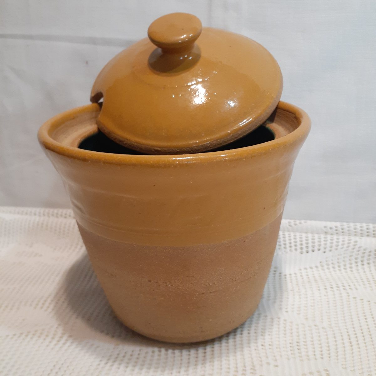 Lidded Stoneware jar with lid - salt jar, kitchen utensil - glazed green inside 17 cms with lid