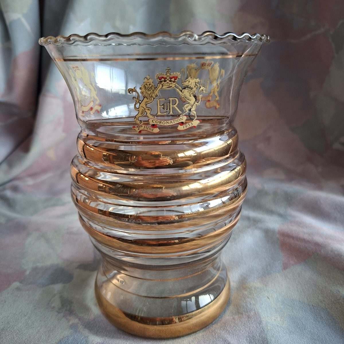 Royalty 1953 Coronation commemoration glass vase with gold bands  16 cms