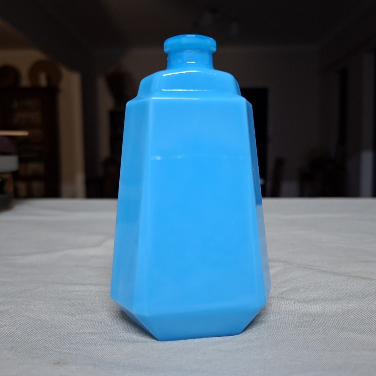 Blue Perfume bottle Blue Milk glass.   French Lou Lou by Cacharel empty