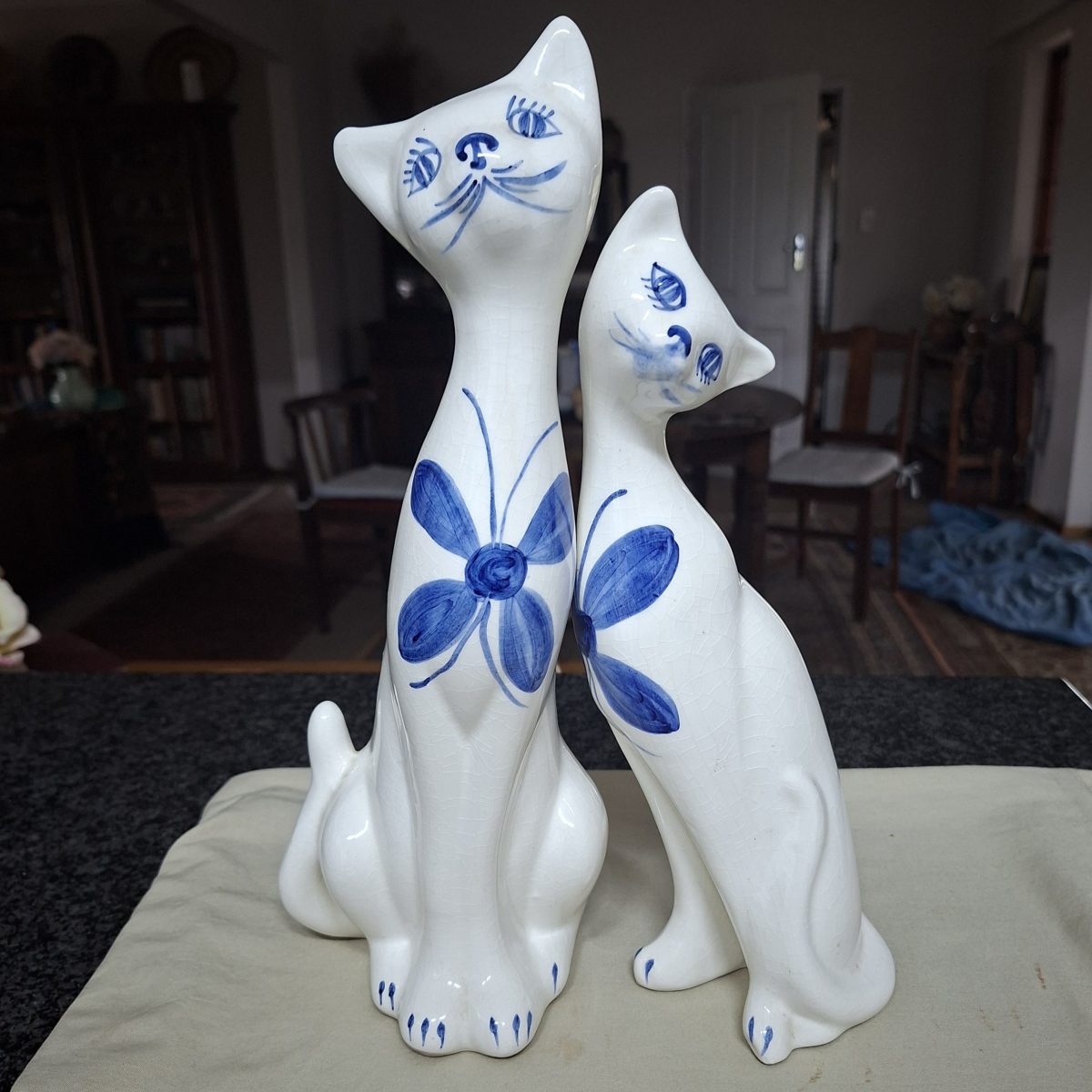 2 Cat figurines - blue and white - hand painted - 33 cms tall