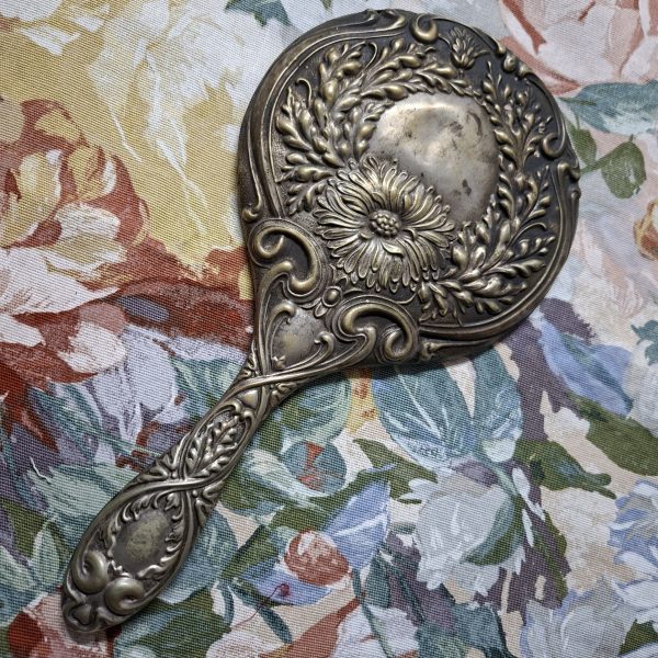 Epns Hand Mirror Victorian? Nouveau? Embossed.  Good bevelled mirror.