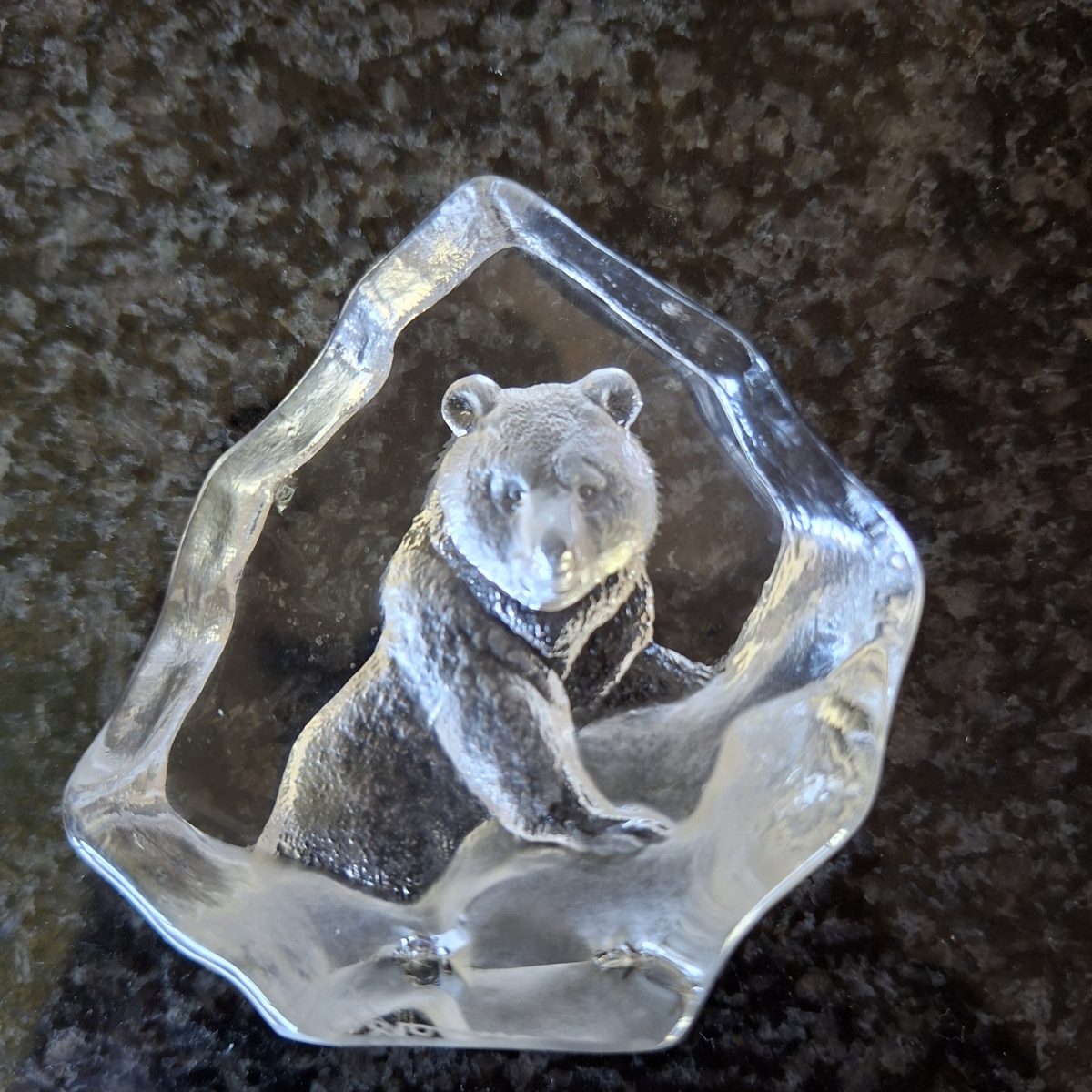 Grizzly Bear - Art Glass paperweight etched - signed - Matts Jonasson - Crystal Sweden