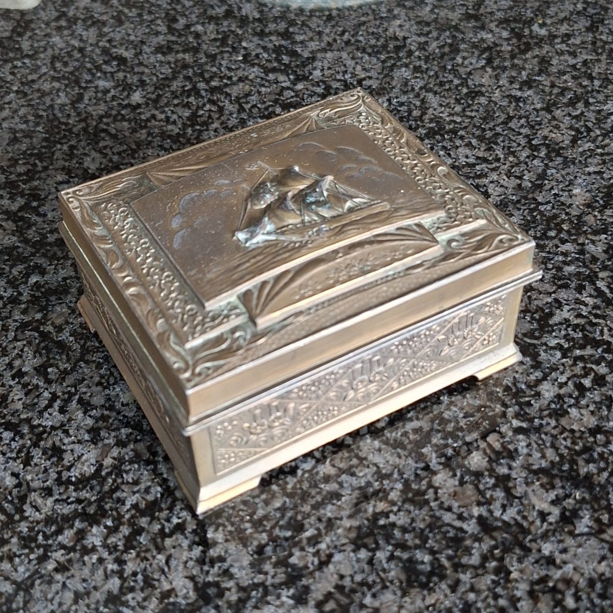 Bronzed Metal jewelry trinket box - sailing ship lid.   Ornate lined  10 x 9 x 5 cms