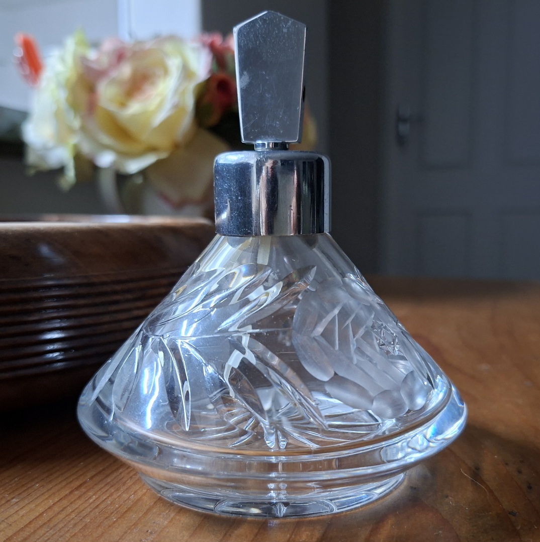 Lead Crystal cut glass perfume bottle - rose design.