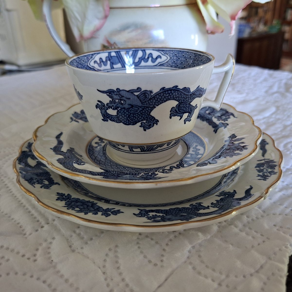 Booths Blue Dragon china tea trio - blue and white tea trios - chinoiserie - later Royal Doulton