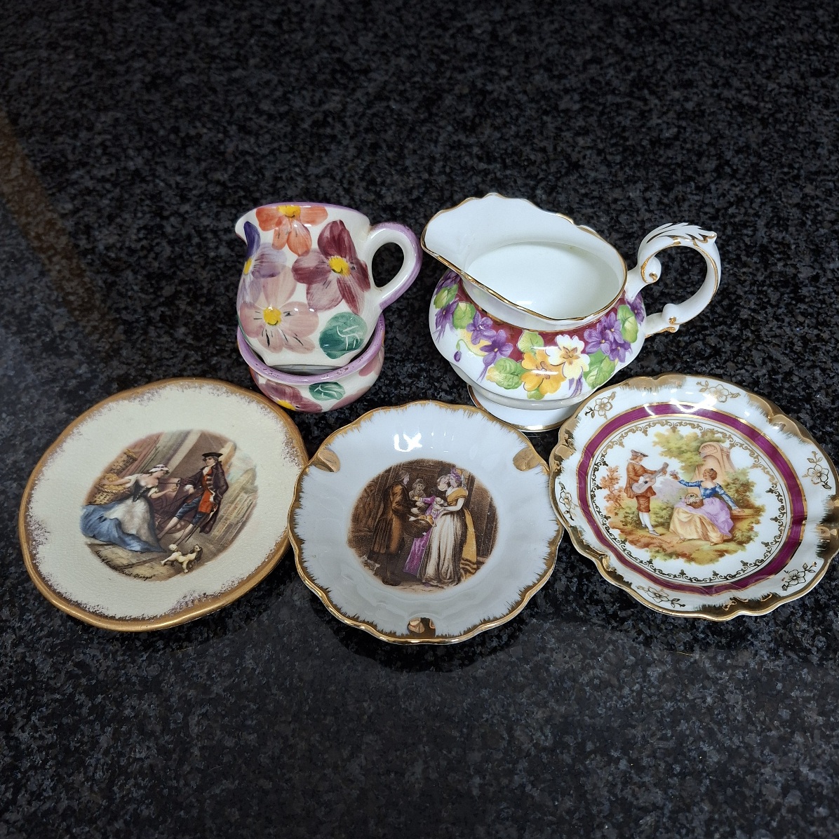 1 Paragon Milk jug - 1 Limoges trinket dish ring dish - 2 "romantic" trinket bowls and 1 mini jug and basin