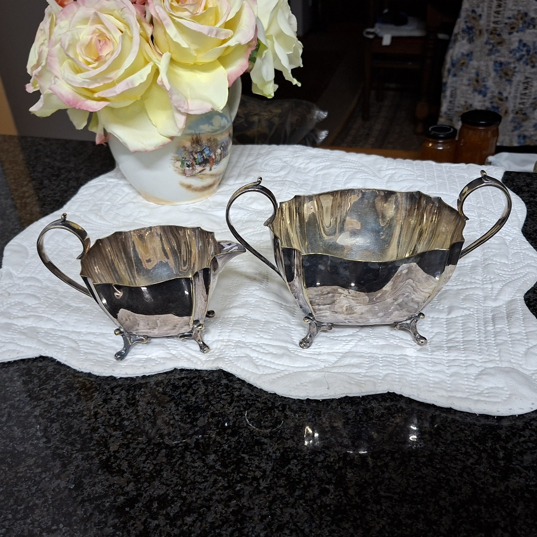 English EPNS stamped with trade mark - cream, sauce or milk jug with a big two handled sugar bowl