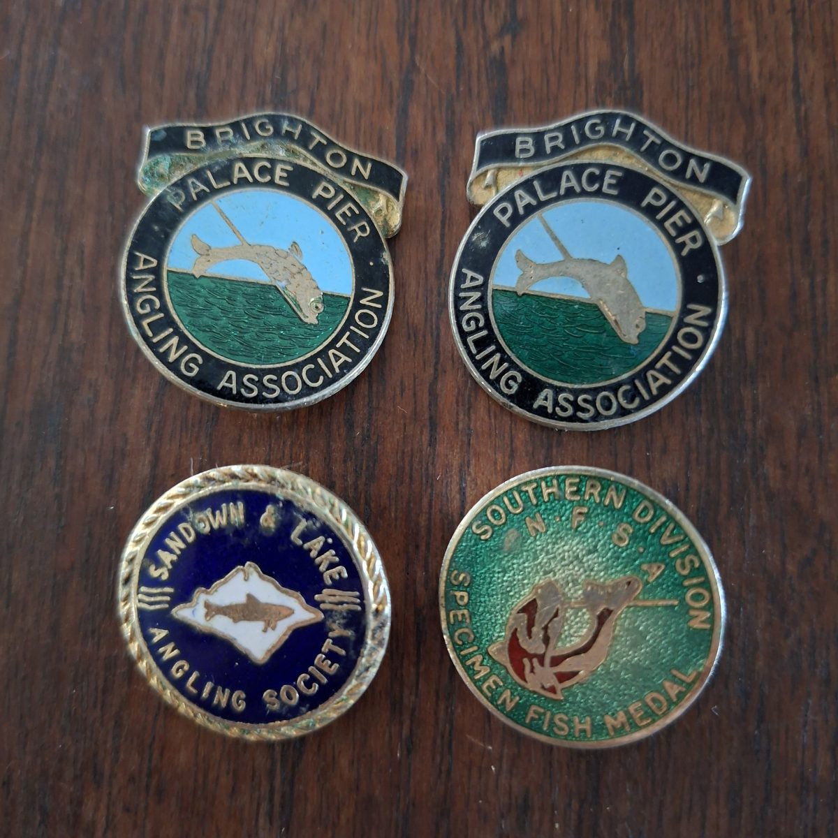 4 Enamel fishing angling badges pins - NFSA specimen fish medal - Brighton badges - Sandown Lake