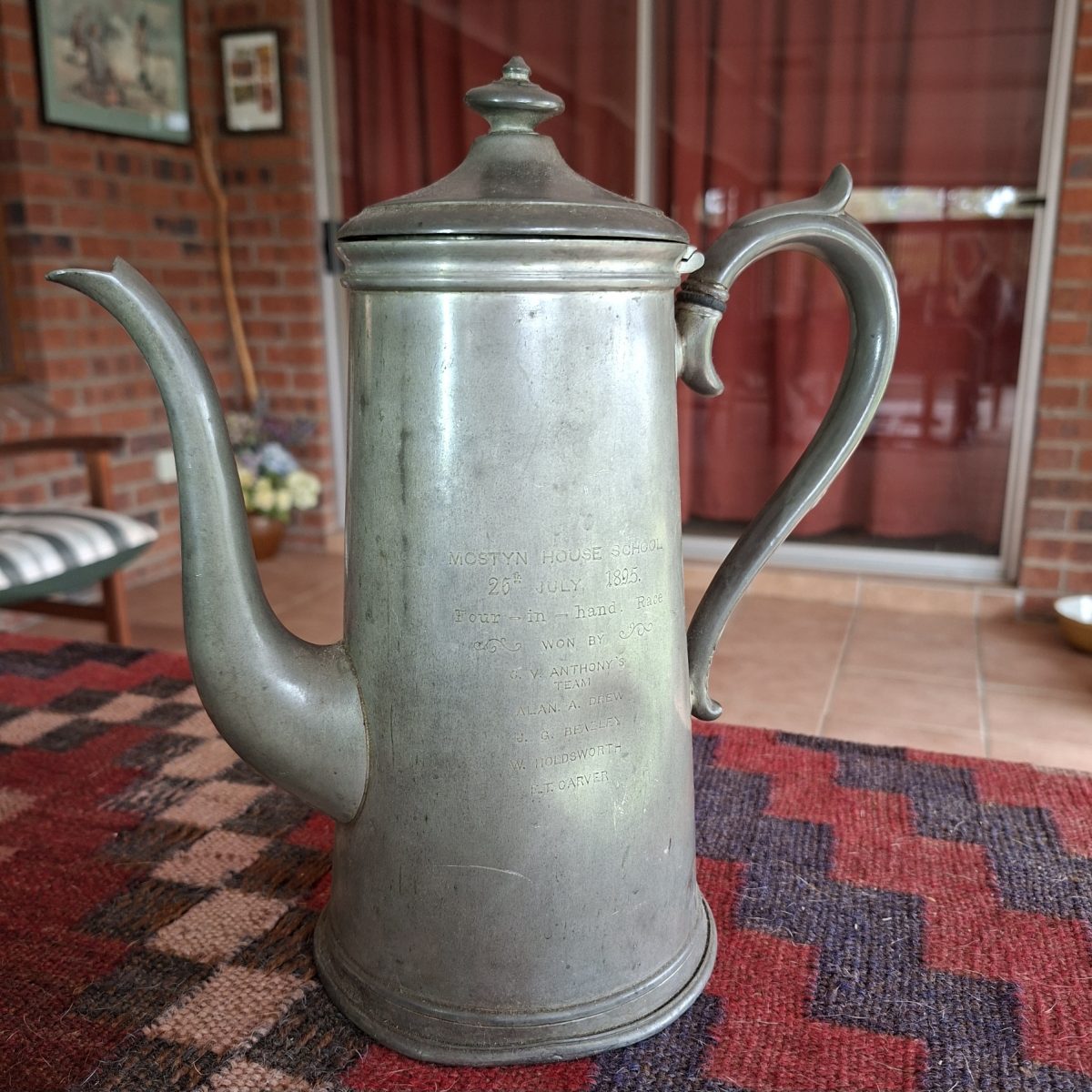 Antique pewter water jug - Prize for horse competition - Four in hand 26 x 27 cms
