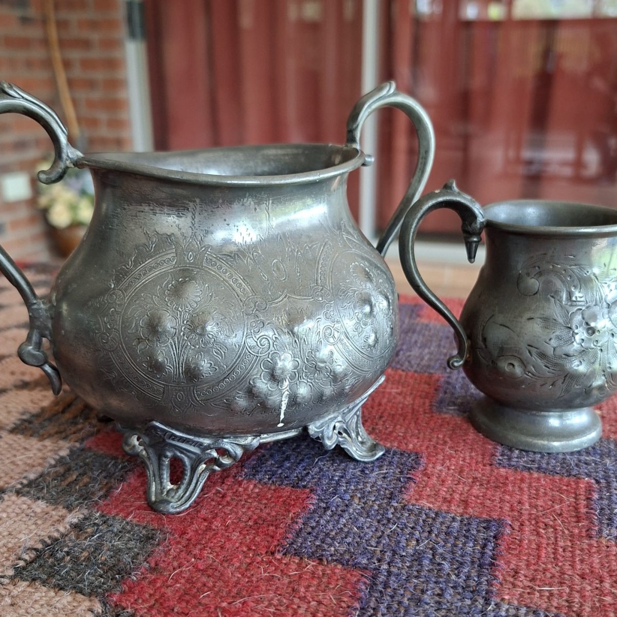 Antique pewter sugar basin and small jug 13 x 17 cms