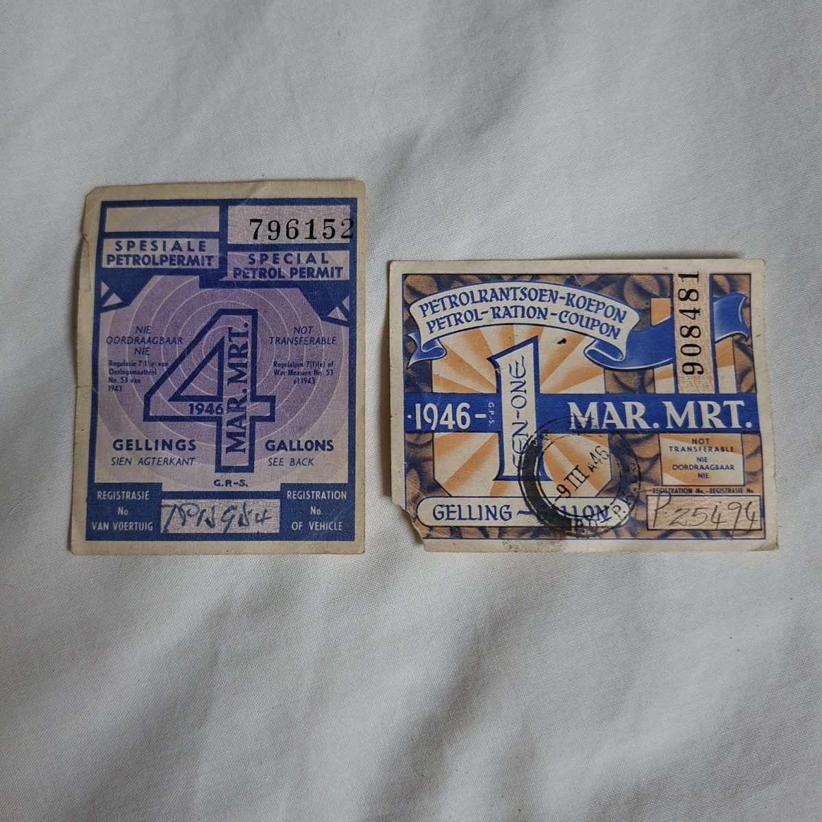 End WW2 South African special petrol permit and ration coupons from 1946 - Bilingual