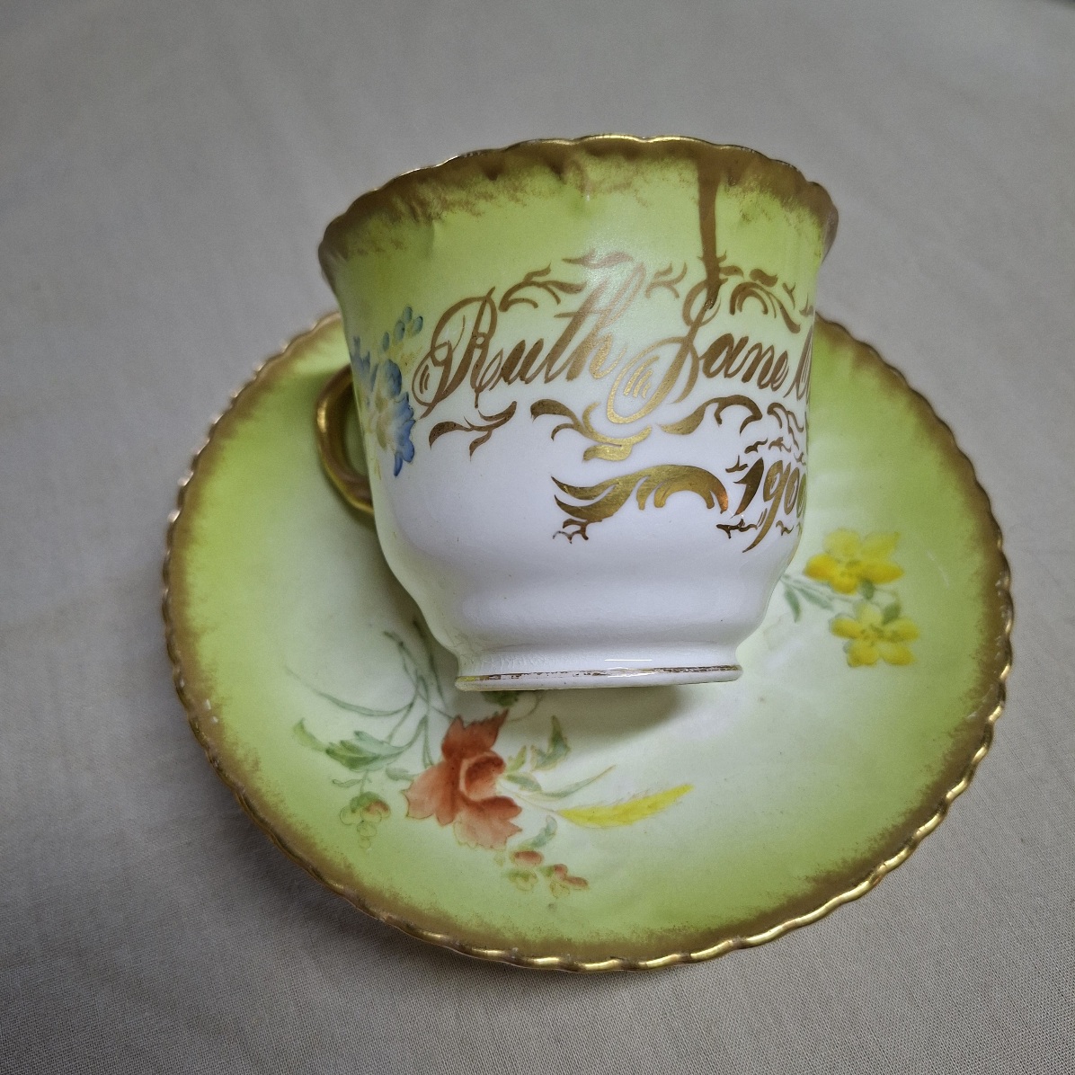 Pretty1900 antique duo Cup and Saucer Personalised, dated, Ruth Jane Attwood
