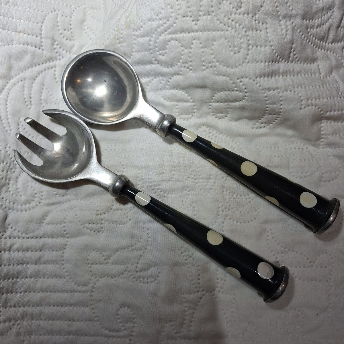 Salad servers metal polka dot - heavy solid metal - pewter? - kitchenalia