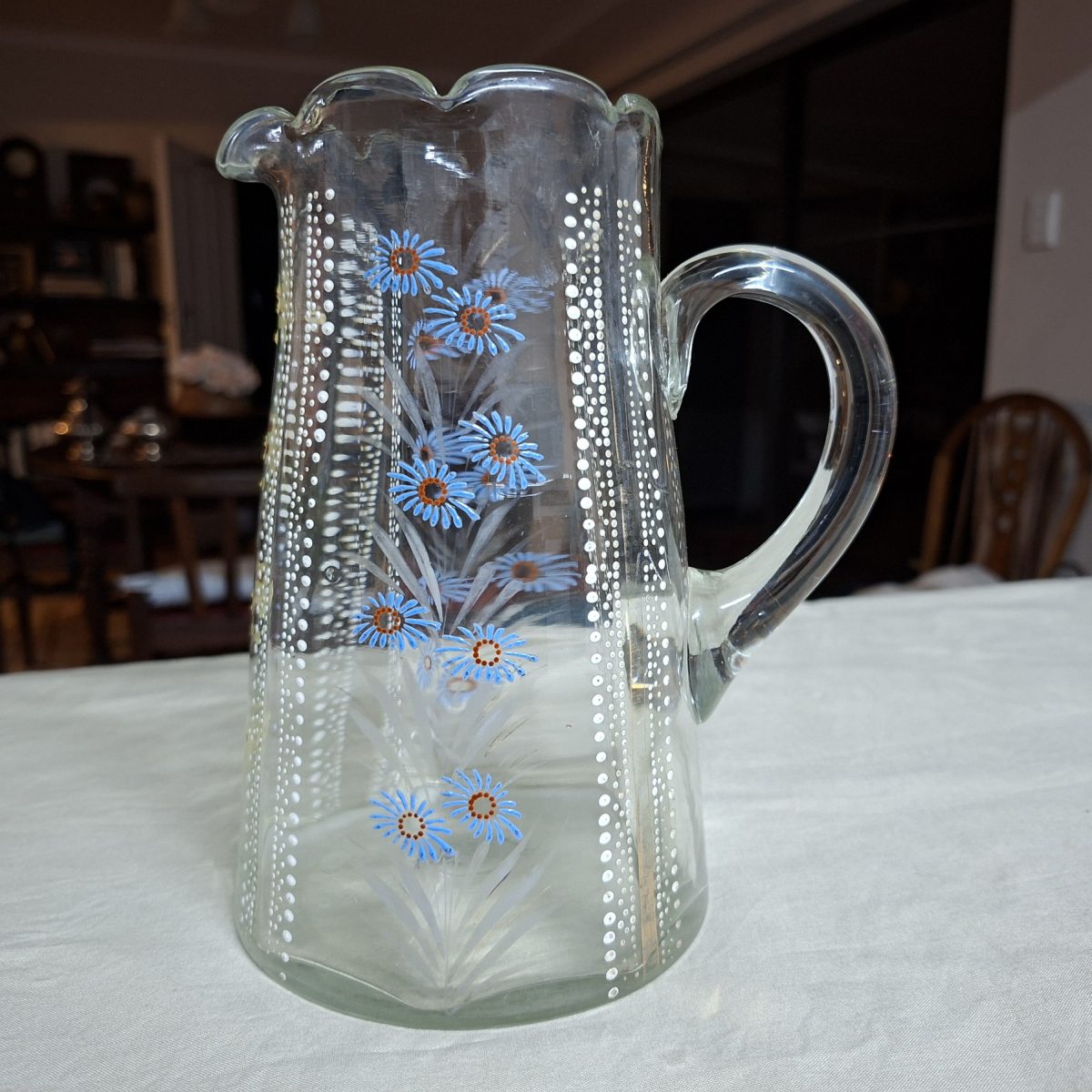 Victorian art glass jug - etched enamelled handblown lemonade jug 19 cms tall