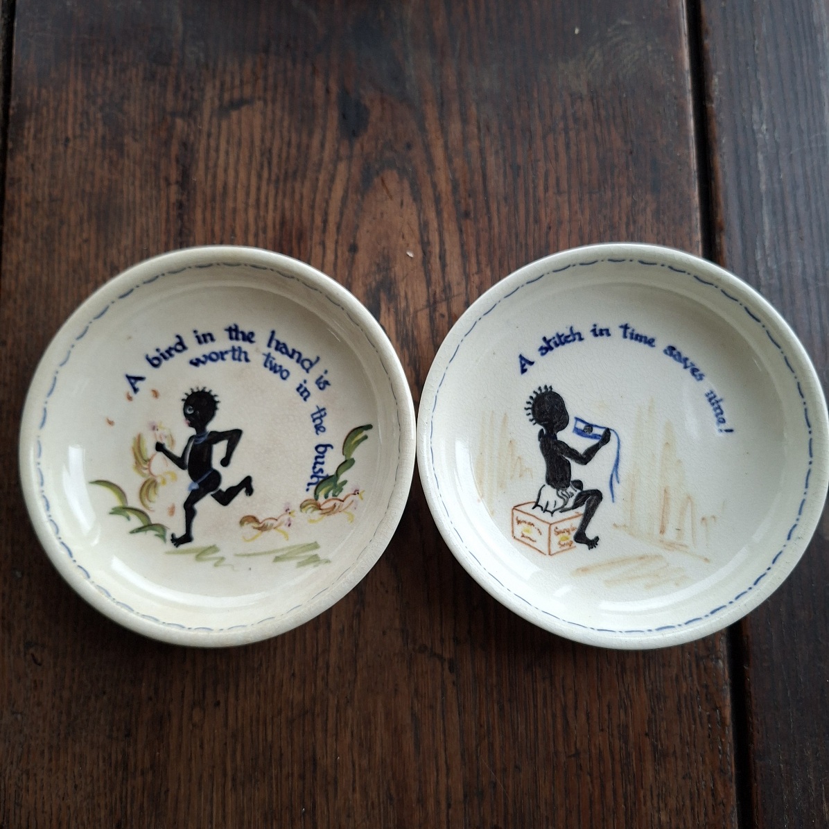 2 Drostdy Ware bowls trinket dishes - rural children - signed F Marot