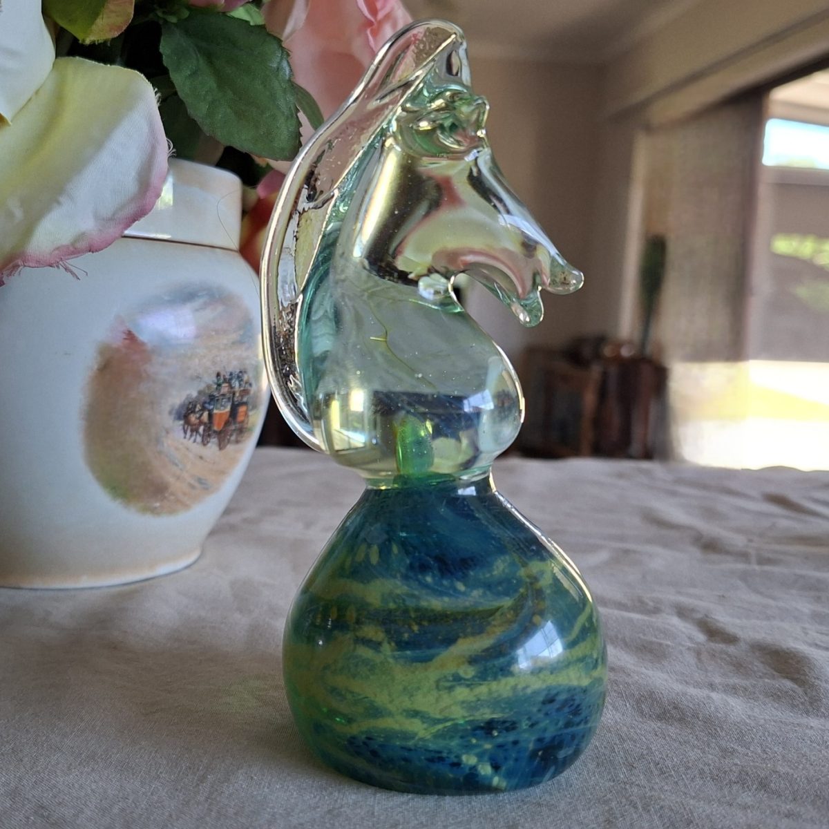 Art glass paperweight - horse - blue green swirls and clear glass