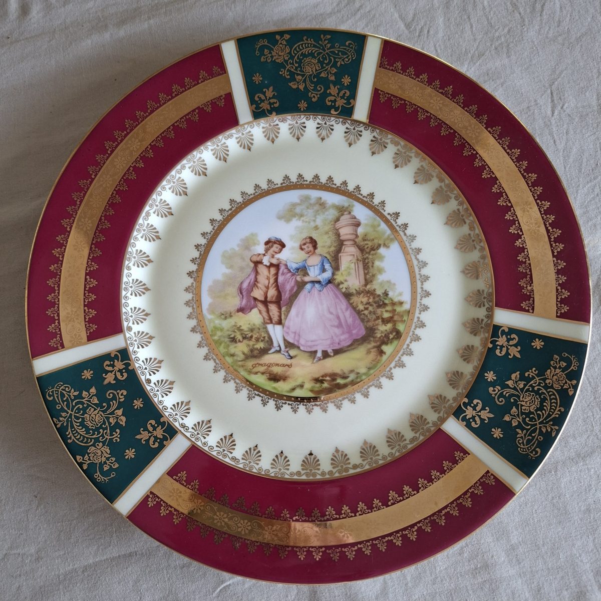 Large Cabinet plate Carlsbad Fragonard Love Story Romantic scene  - 28cms dia burgandy and green