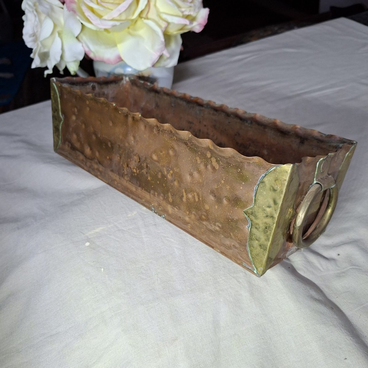 Large copper and brass flower holder vase with handles   33 x 12 cms