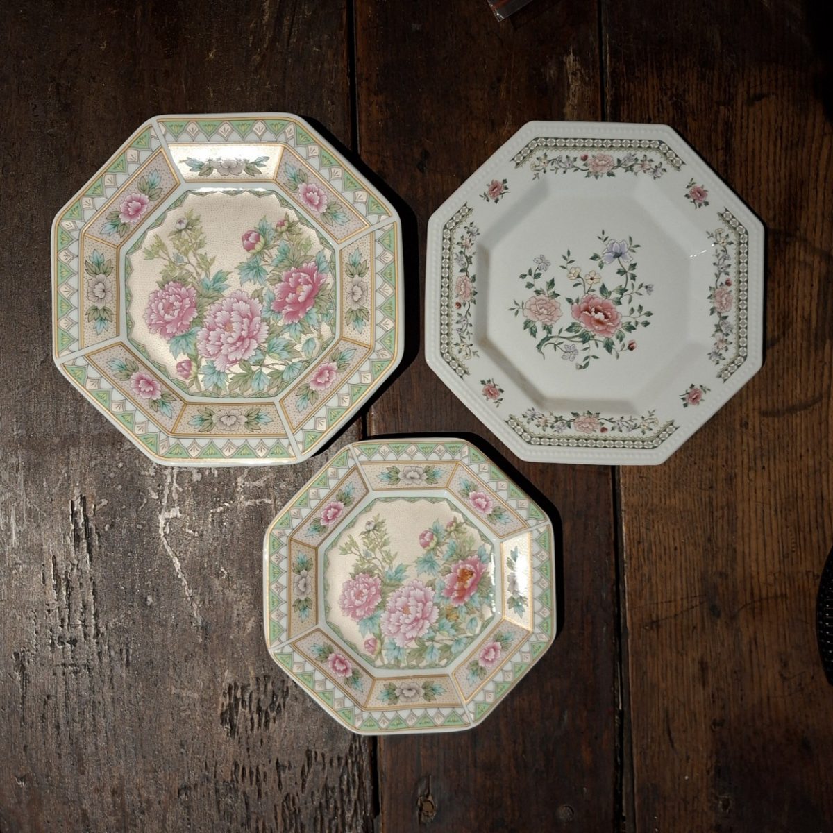 3 octagonal chinese and japanese chrysanthemum /roses plates