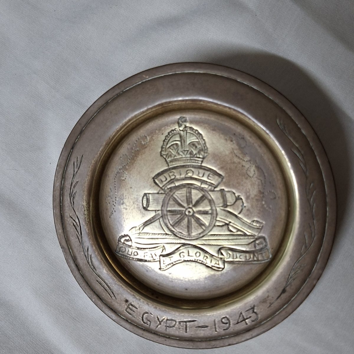 WW11 -1943 Egypt -Trench Art beaten brass plate - 11 cms