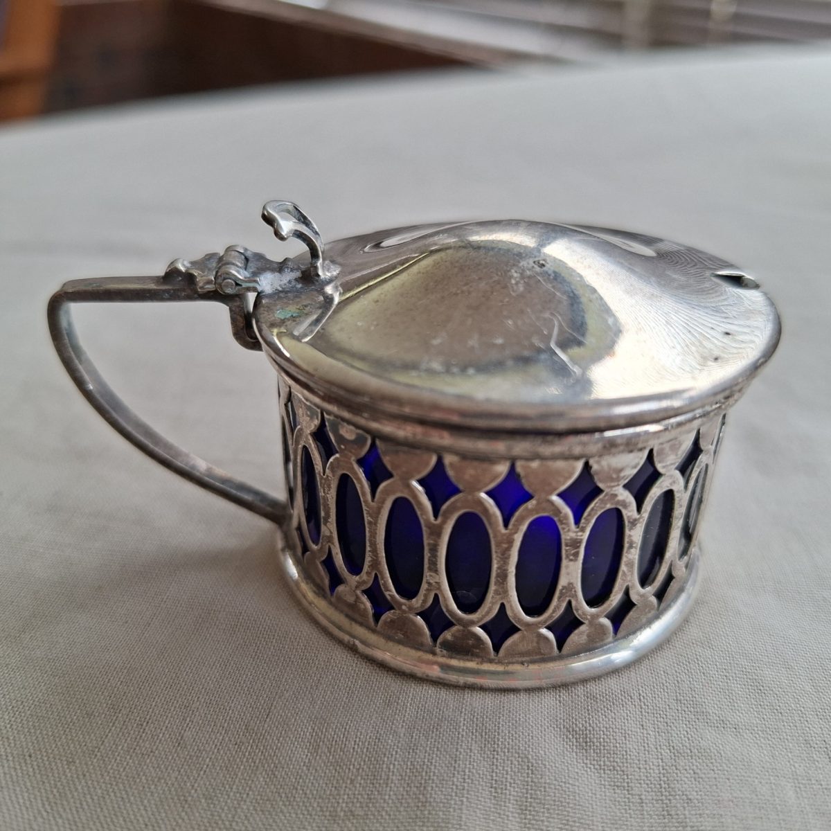 Silver plate mustard pot with original glass inner