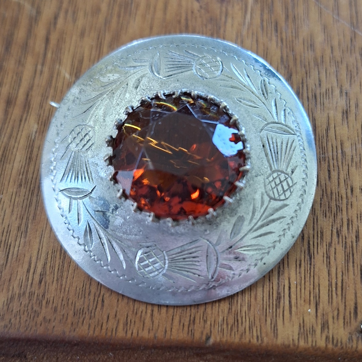 Celtic scottish etched brooch with citrine coloured glass stone