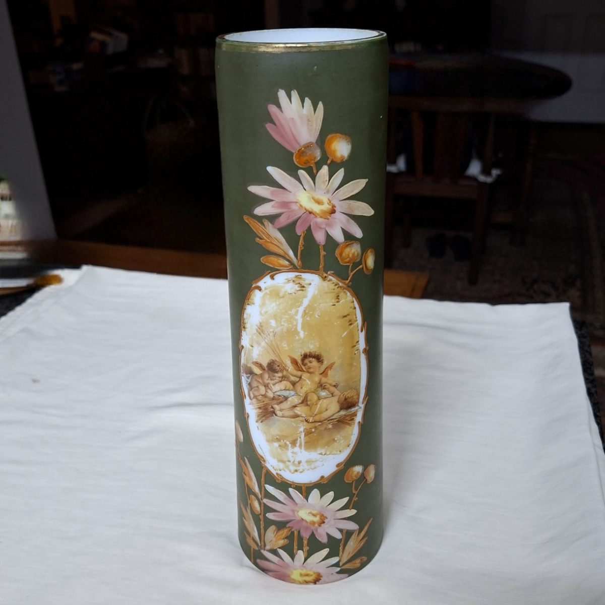 Art glass - painted enamelled opaque opaline milky glass vase.  Cherubs and Gilded enamelled work