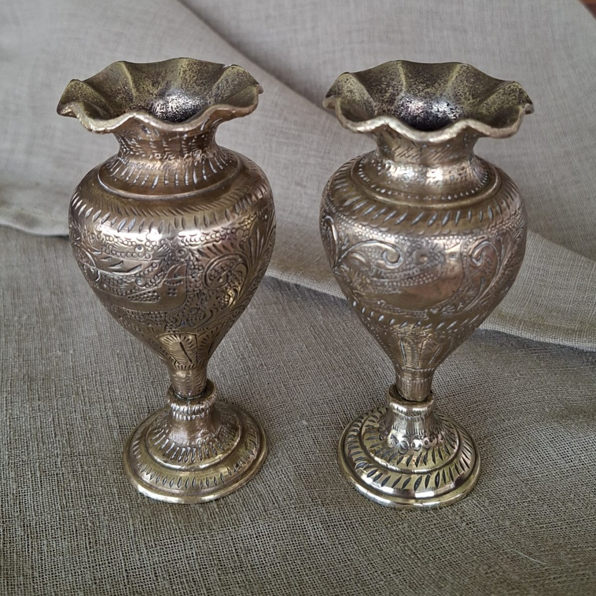 Persian brass vases - ornate birds and leaves - Iranian 12 cm tall