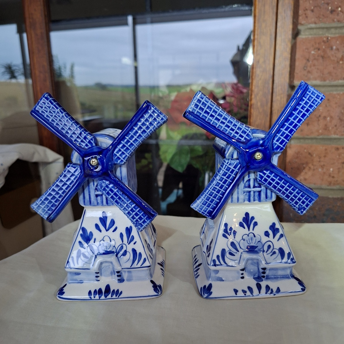 Blue Delft - 2 ceramic dutch windmills - handpainted 17 cms to top of blades