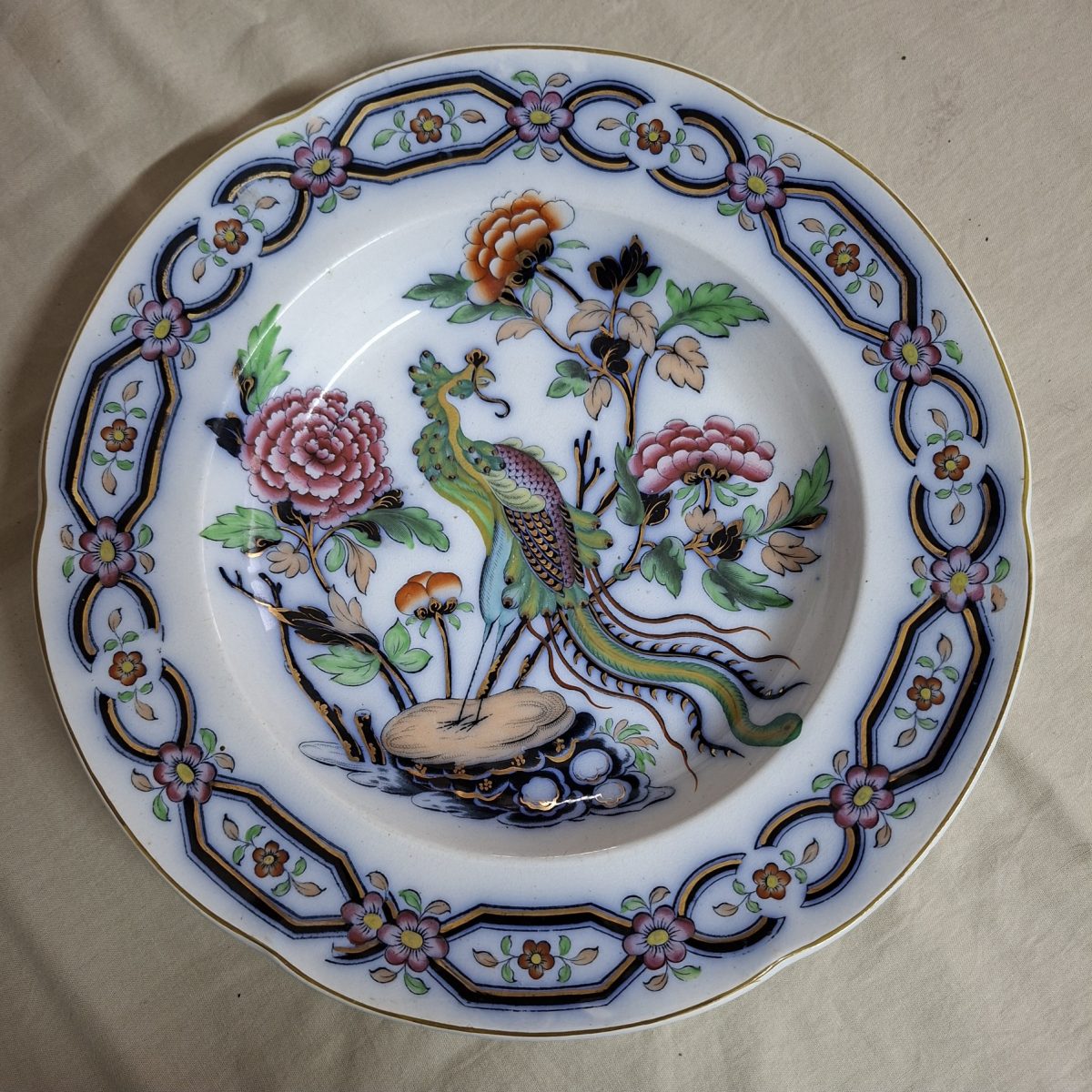 Heavy Victorian Imperial Stone deep plate - hand painted pheasant and crysanthymums - good cond.