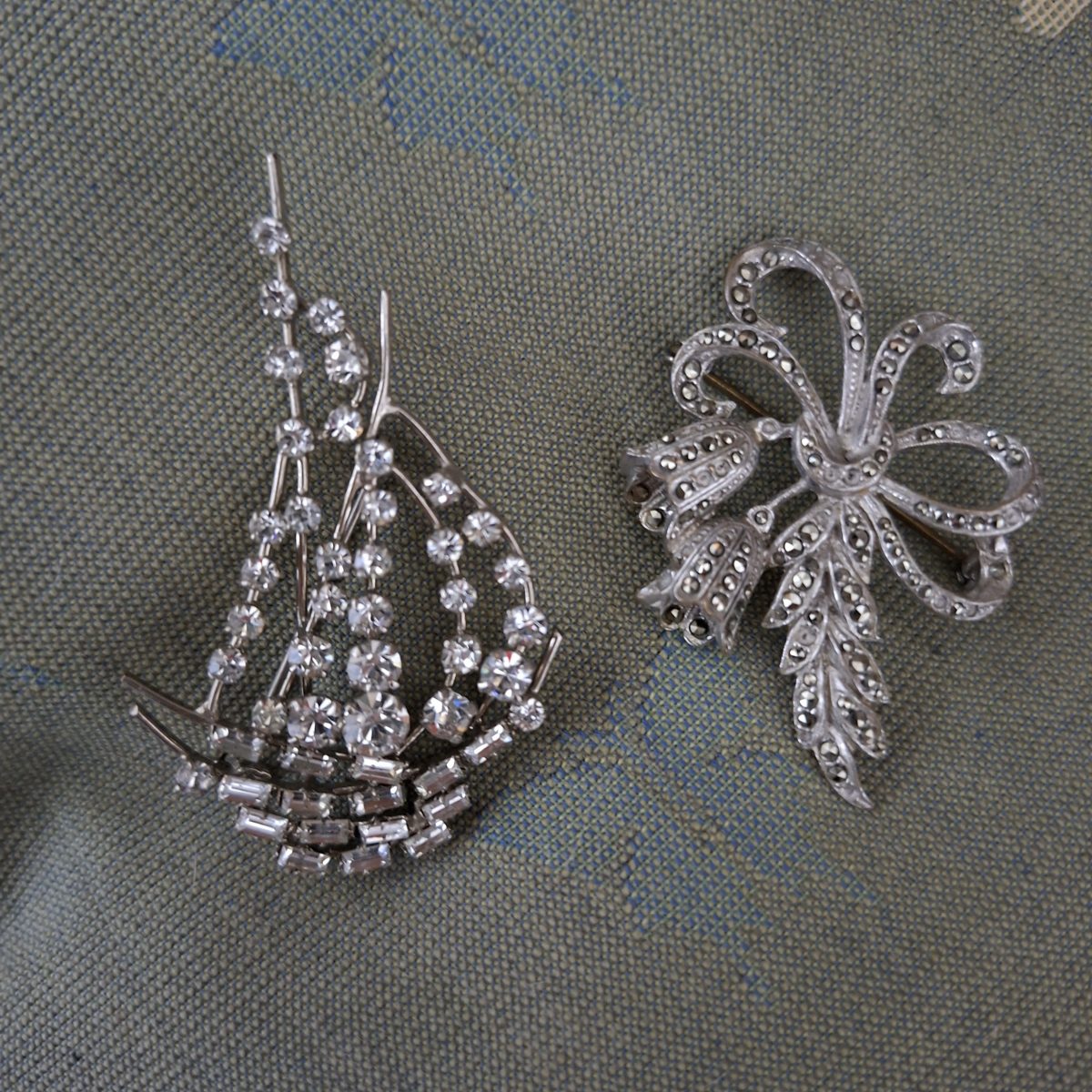 Two vintage brooches - real marcasite and rhinestones