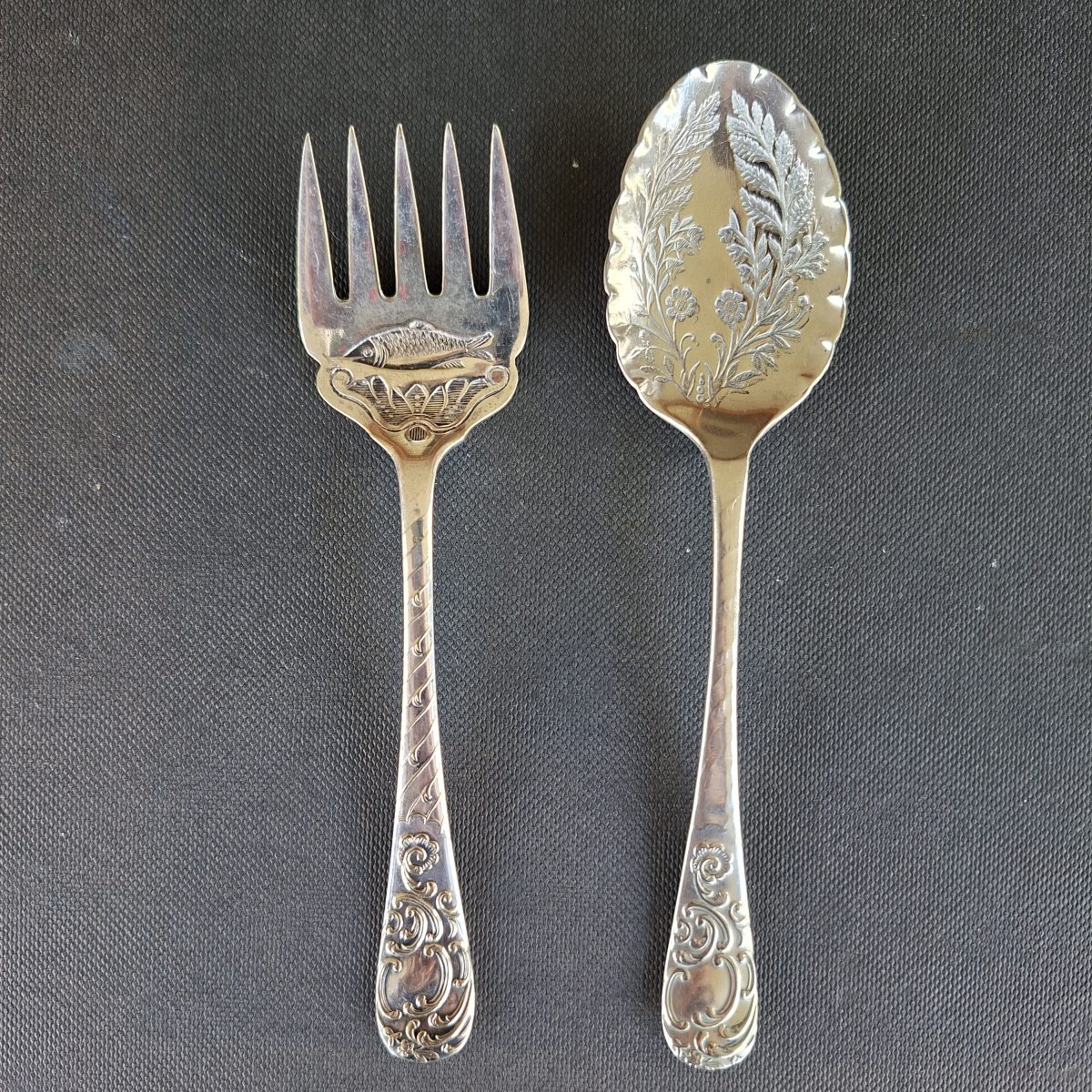 Jam Sugar spoon and sardine fork silver plate ornate with fish and floral designs 14 to 15 cms - PS Co