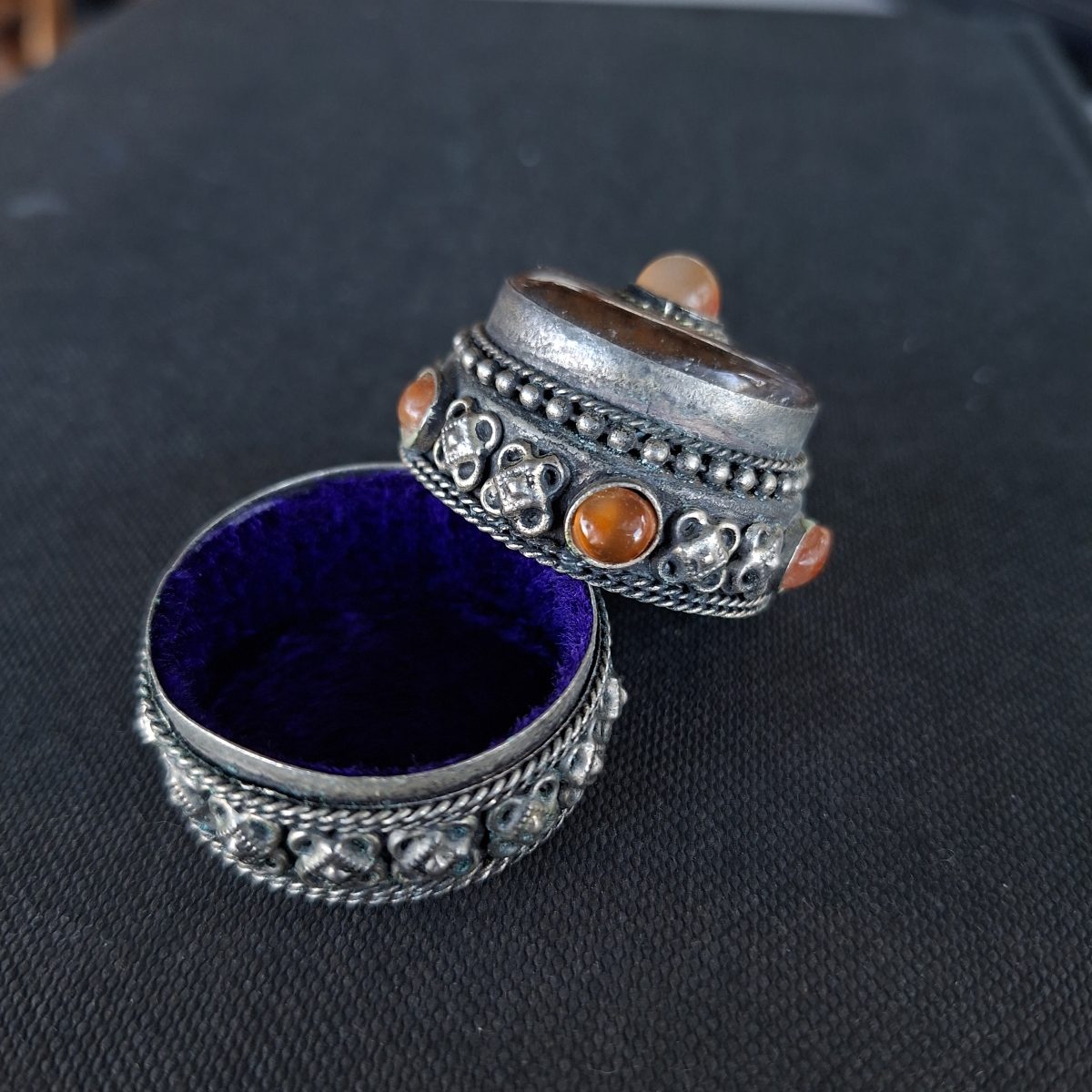 Berber, north african Algerian Kohl pill or trinket box silver metal semi prescious stones   4 x 4 cms