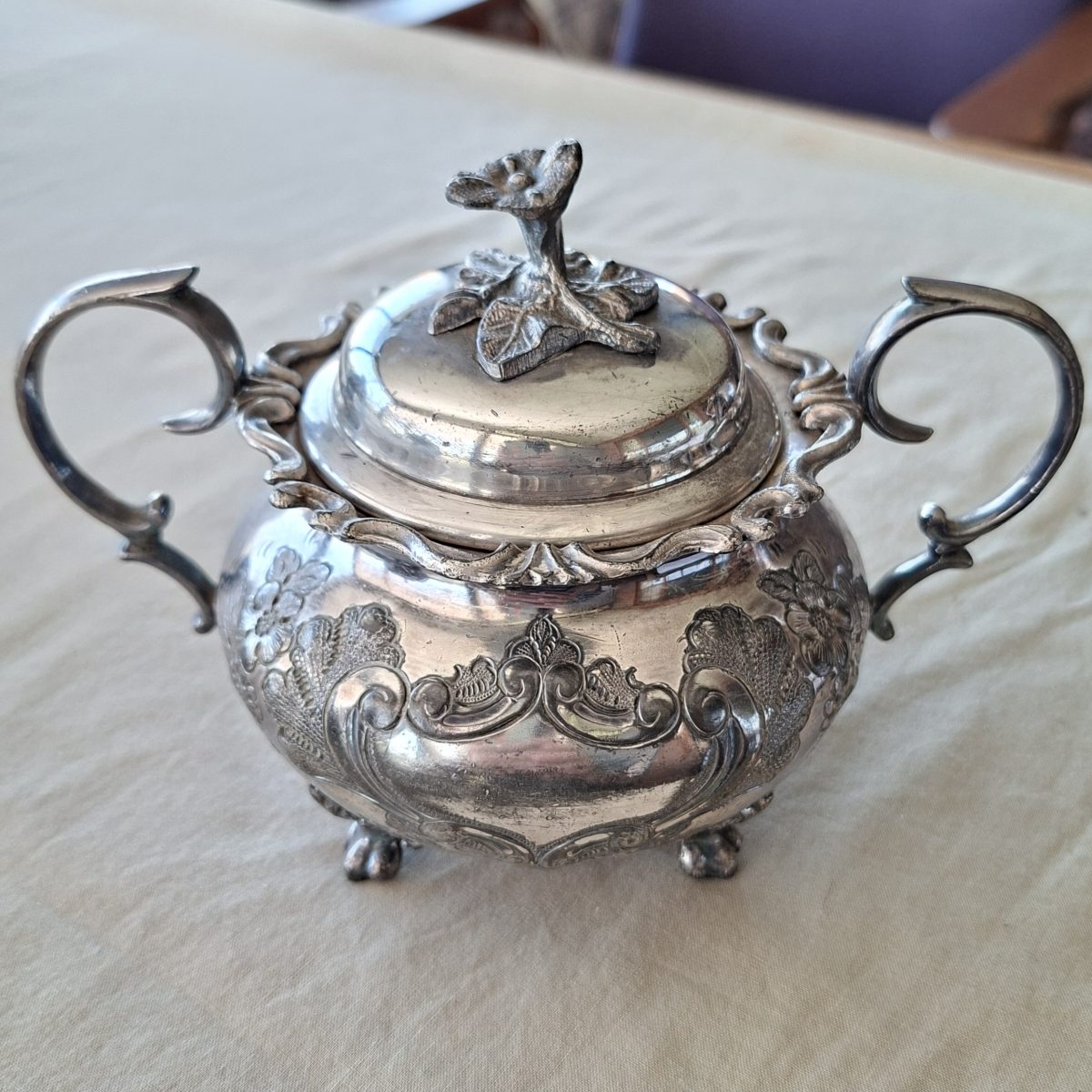 Silver Plate EPBM Sugar Basin - Antique lidded - John Turton Sheffield - Hand Chased