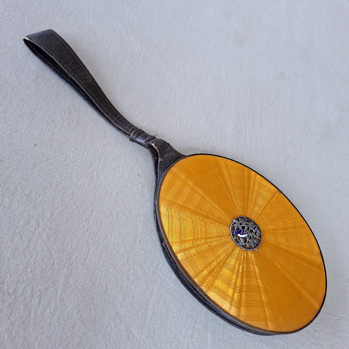 1920's Deco evening handbag - Likely French, enamel guilloche - leather strap with mirror and pouch.