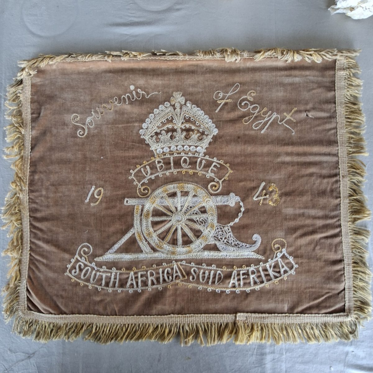 WW2 Military Ubique SA Souvenir velvet cloth from Egypt 1943   approx 50 x 40 cms