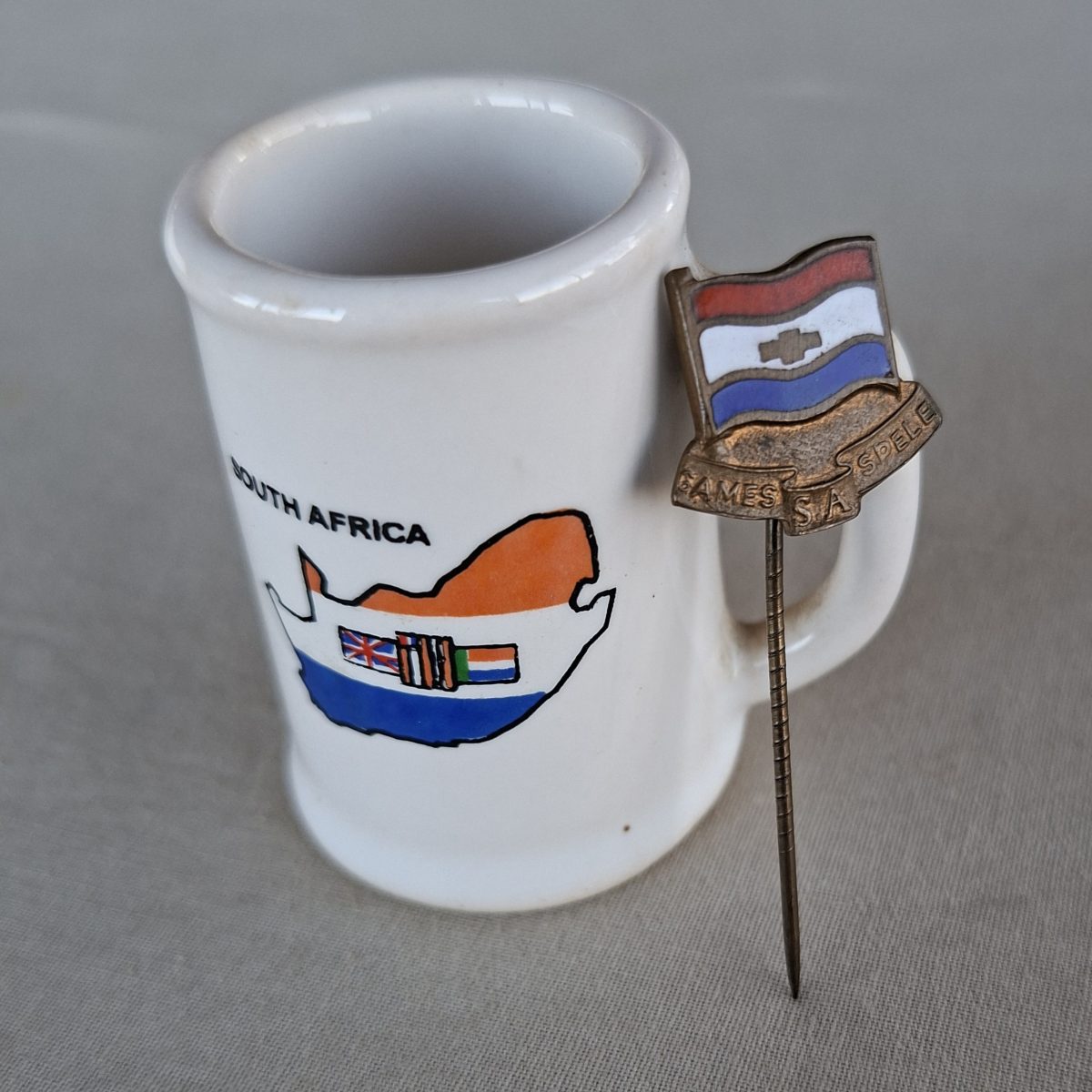 Old SA Flag enamel pin "SA Games" and mini mug / beer tankard
