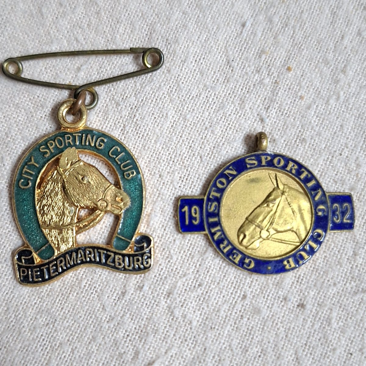 2 Enamelled horse racing club badges pins - City sporting club germiston 1932 and Pietermaritzburg