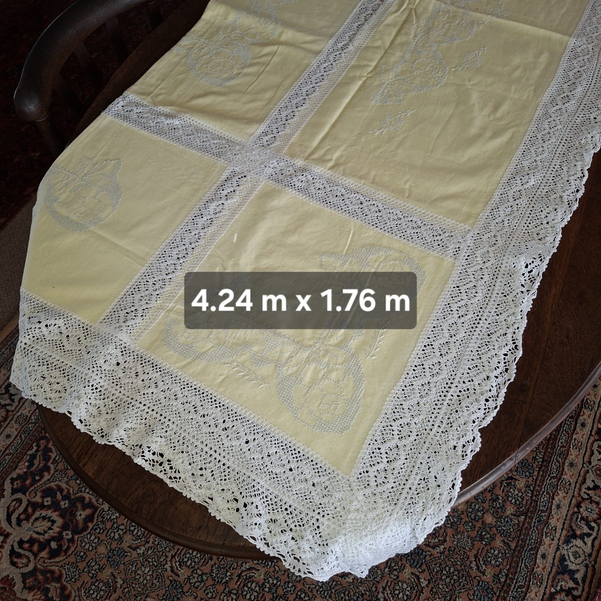 Vintage table cloth tatting /crochet and cross stitch cream with white thread  4.2m x 1.76m