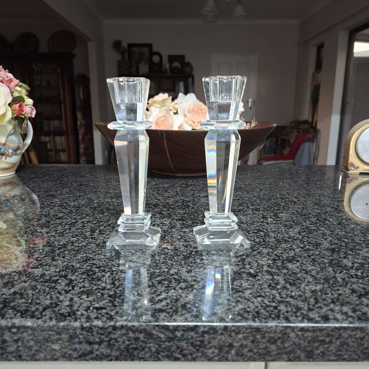 2 solid Crystal Candle holders - faceted.  18 cms tall -.