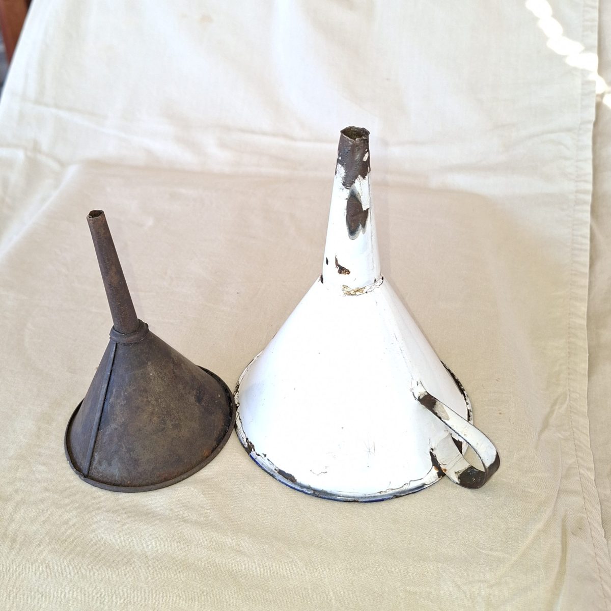 Kitchenalia 1 Enamel and 1 metal funnel- vintage