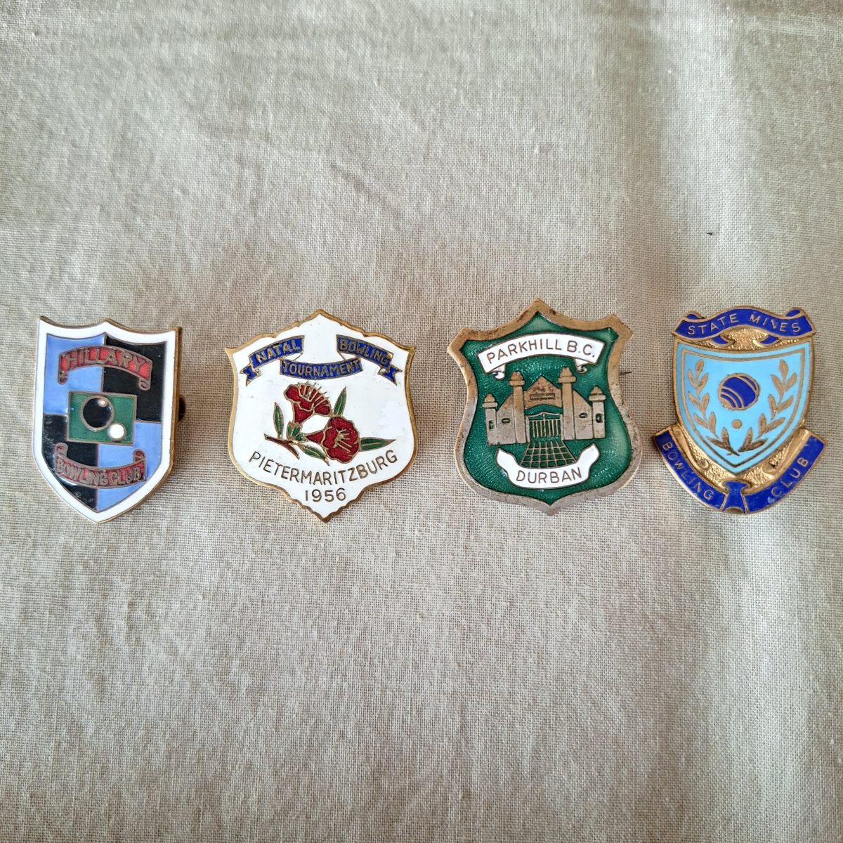 Enamelled Bowling Badges - State mines,  Parkhill, Durban, Natal bowling tournament 1956 PMB