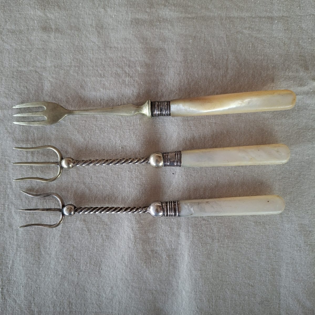 3 pickle forks with Mother of Pearl handles