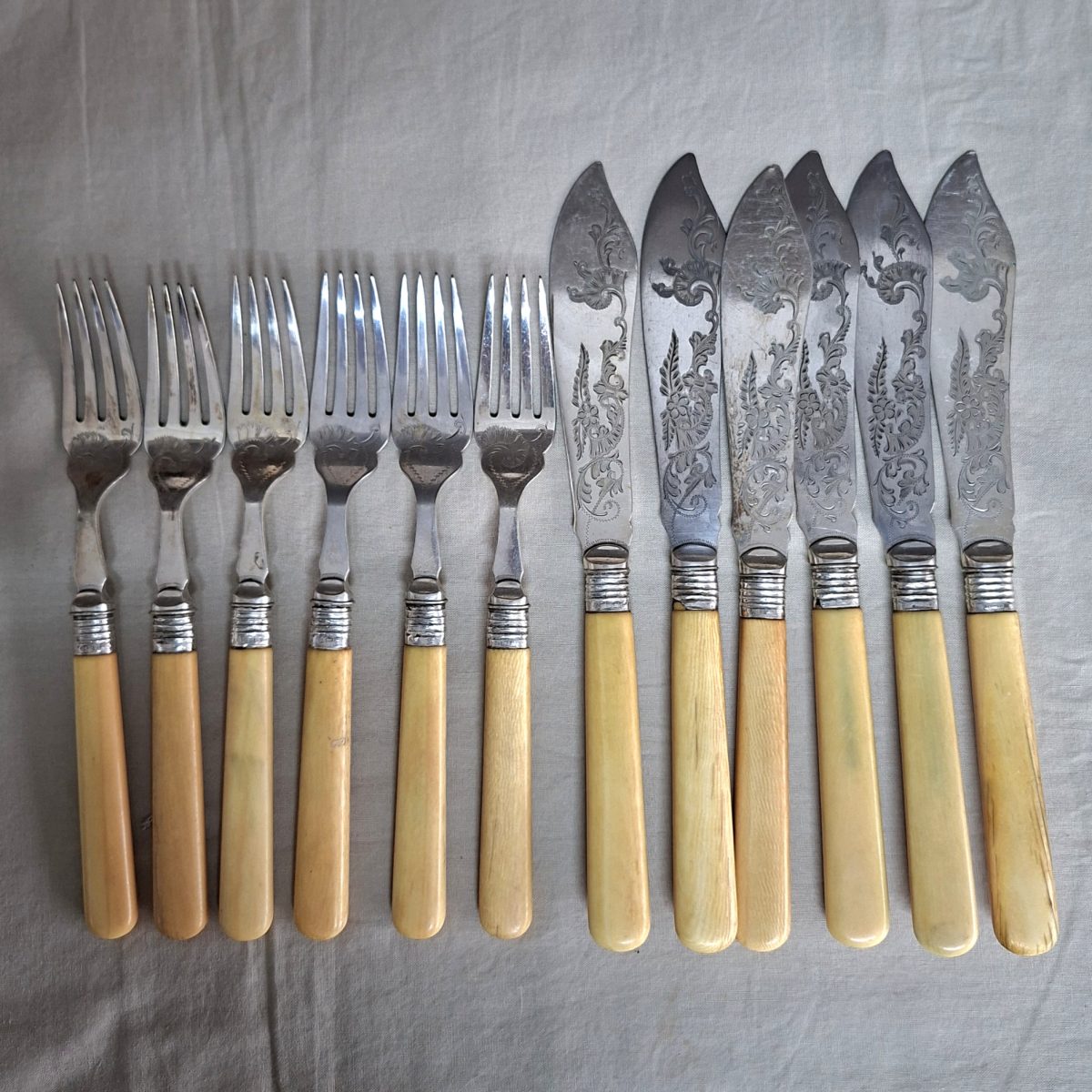 12 Fish knives and forks Silver hallmarked collars - bone or ivorine handles - etched