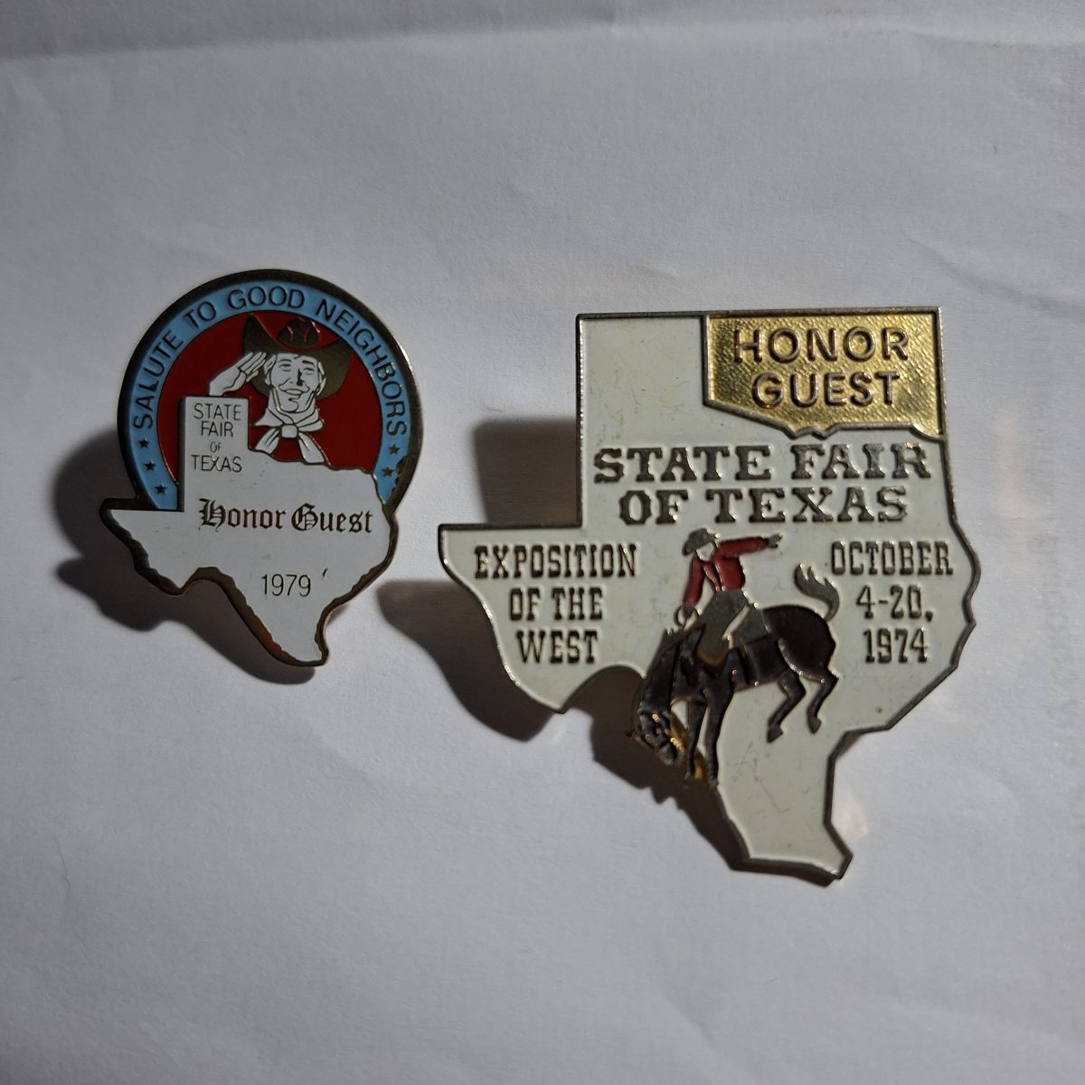 Enamel pins badges Texas State Fair Honor Guest 1974 and 1979