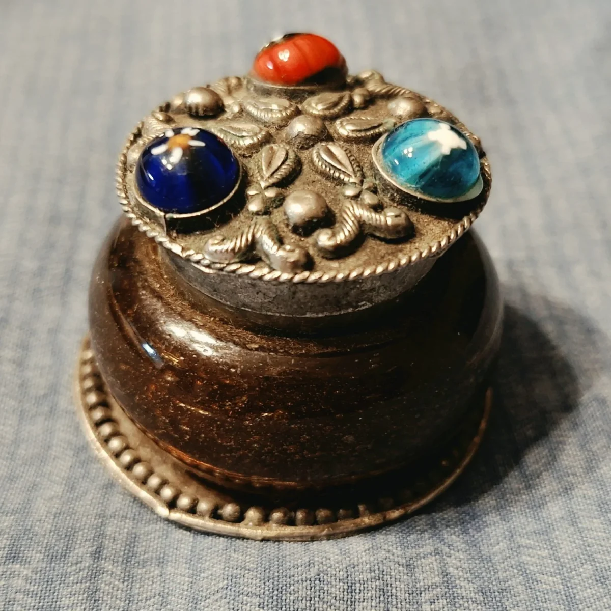 Trinket jar pill box - amber glass base with metal and millefiori glass insets on top