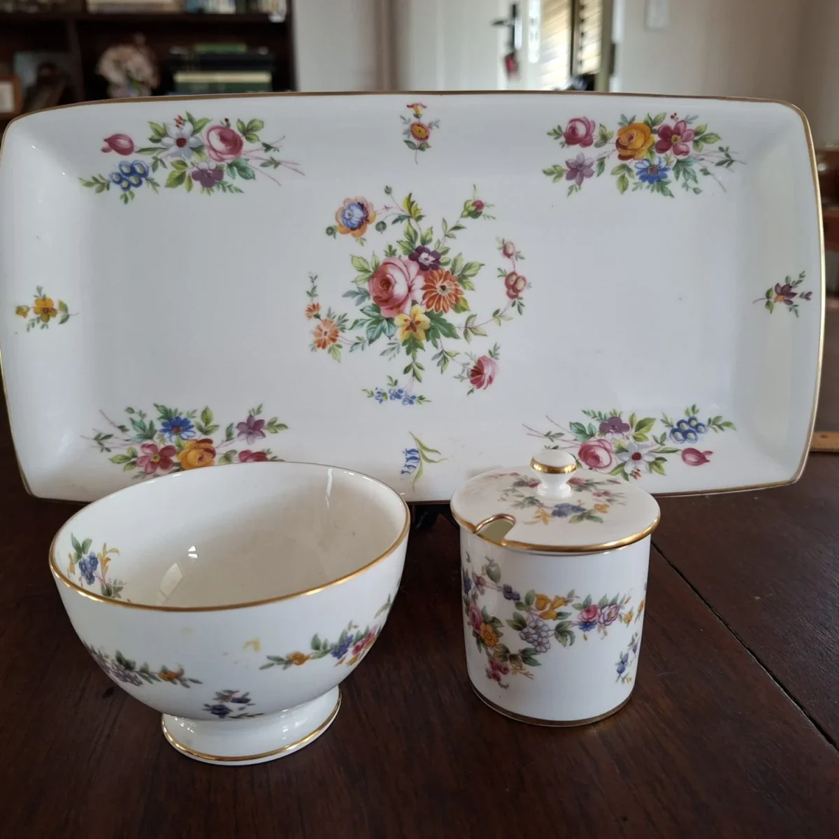 Mintons sandwich plate cake plate sugar bowl and lidded pot - spring flowers pattern