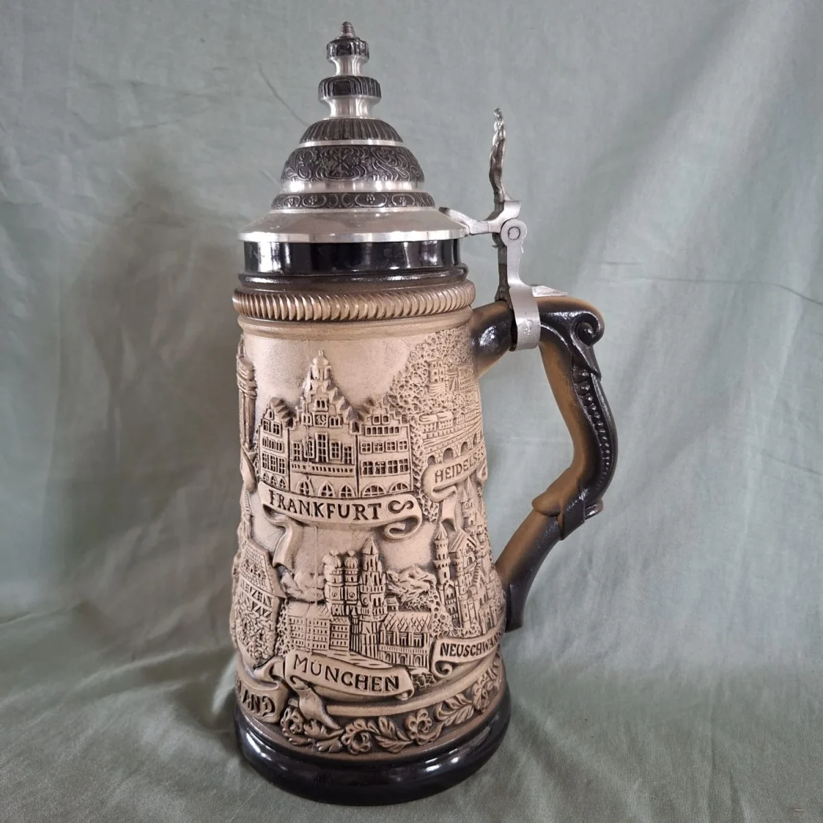 German Stein mug  beer tankard - Raised relief panorama stein lidded - signed and stamped 25 cms