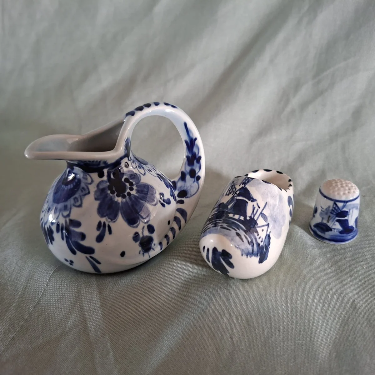 3 mini blue and white Delfts items, Jug and clog signed plus thimble